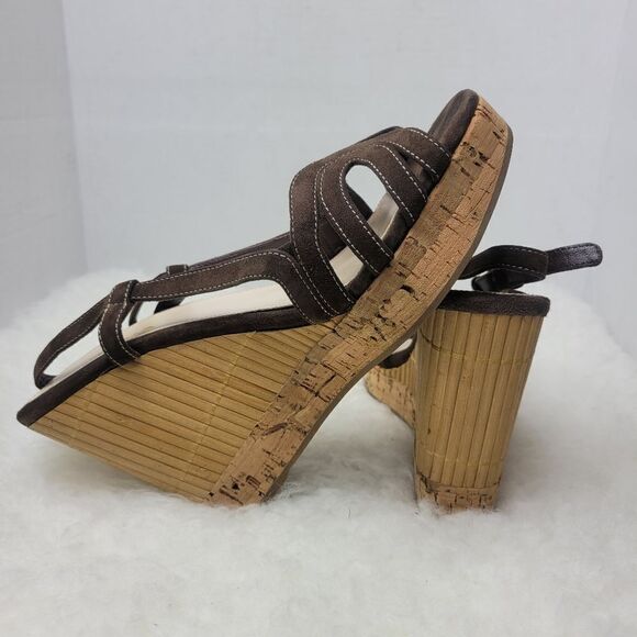 Prada Brown Suede Platform Slingback Cork Wedge Bamboo Sandals Shoes Size 7.5 - Picture 5 of 8